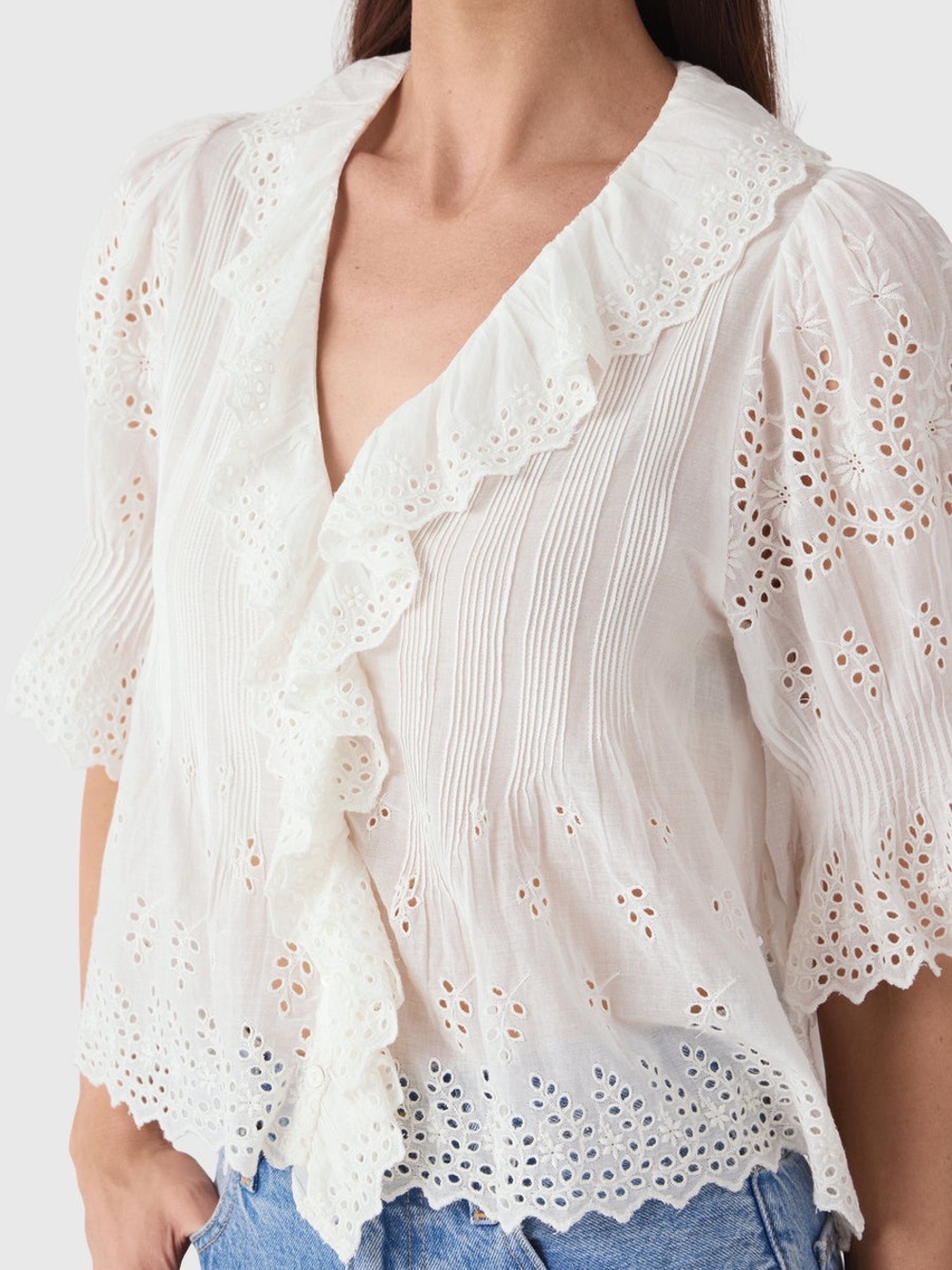 Doen HENRI Ruffle-Trim Blouse in Salt Eyelet - Picture 6 of 12